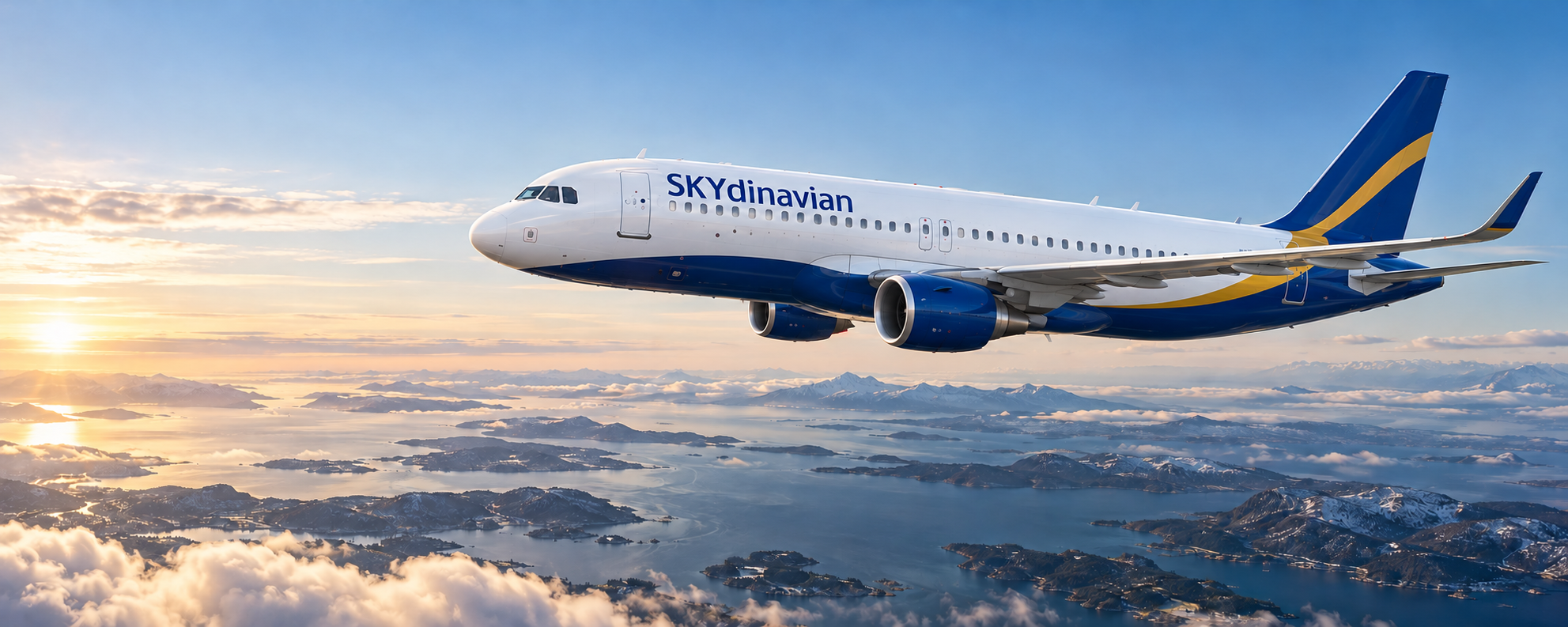 Concept visualization of a SKYdinavian Airbus A320 flying above a Scandinavian coastline
